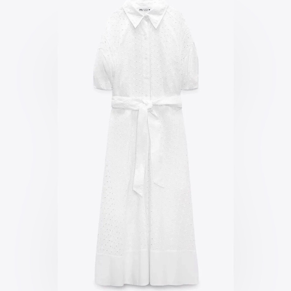 ZARA EMBROIDERED Eyelet MIDI Shirt DRESS BELTED WHITE SZ S 100% Cotton 7761/052 - Picture 5 of 12